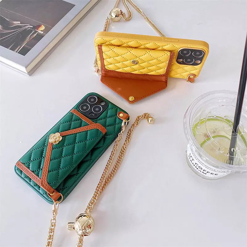 Kvinnors iPhone Fodral Plånboksfodral Med Diamantmönster och Avtagbar Kedja-6