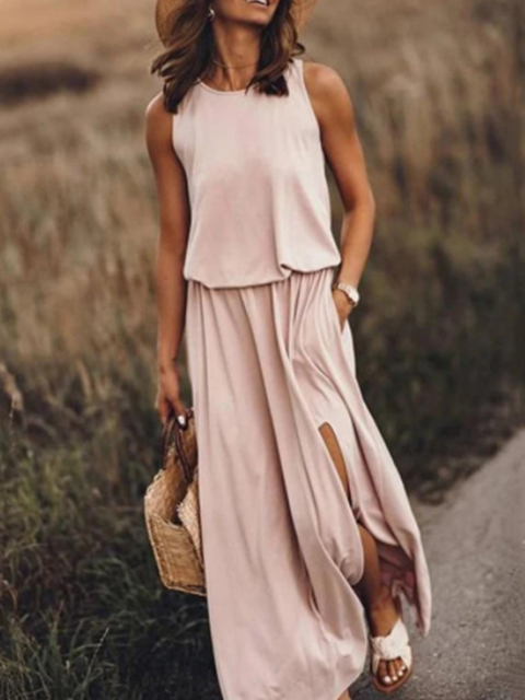 Variant image for Kvinnors Lång Klänning Ärmlös Rund Halsringning Polyester-17