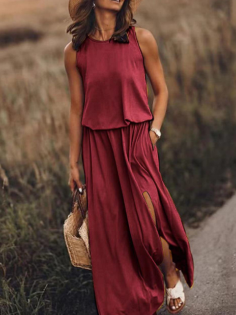 Variant image for Kvinnors Lång Klänning Ärmlös Rund Halsringning Polyester-57