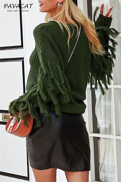 Stickad Dam Tröja O-Hals med Fransar Akryl-3