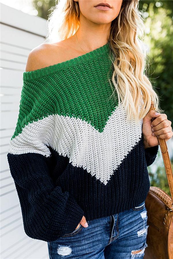 Dam Stickad Tröja Patchwork Akryl O-Hals-4