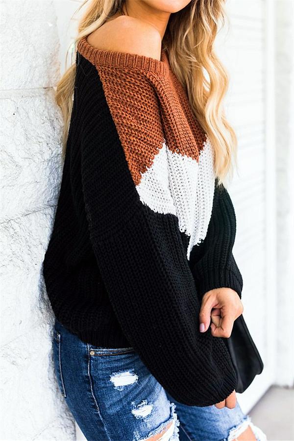 Dam Stickad Tröja Patchwork Akryl O-Hals-3