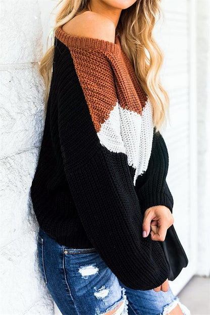 Dam Stickad Tröja Patchwork Akryl O-Hals-3