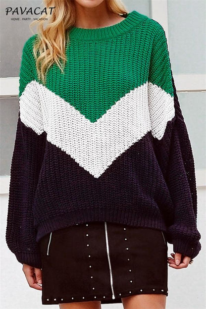 Dam Stickad Tröja Patchwork Akryl O-Hals-6