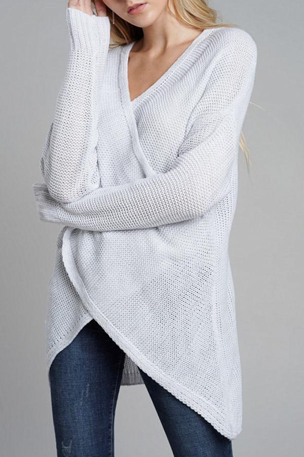 Dam Stickad V-hals Tröja med Korsad Framsida i Mjuk Akryl-2