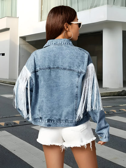 Jeansjacka Dam Oversize med Fransar och Lapptäcksmönster i Denim-4