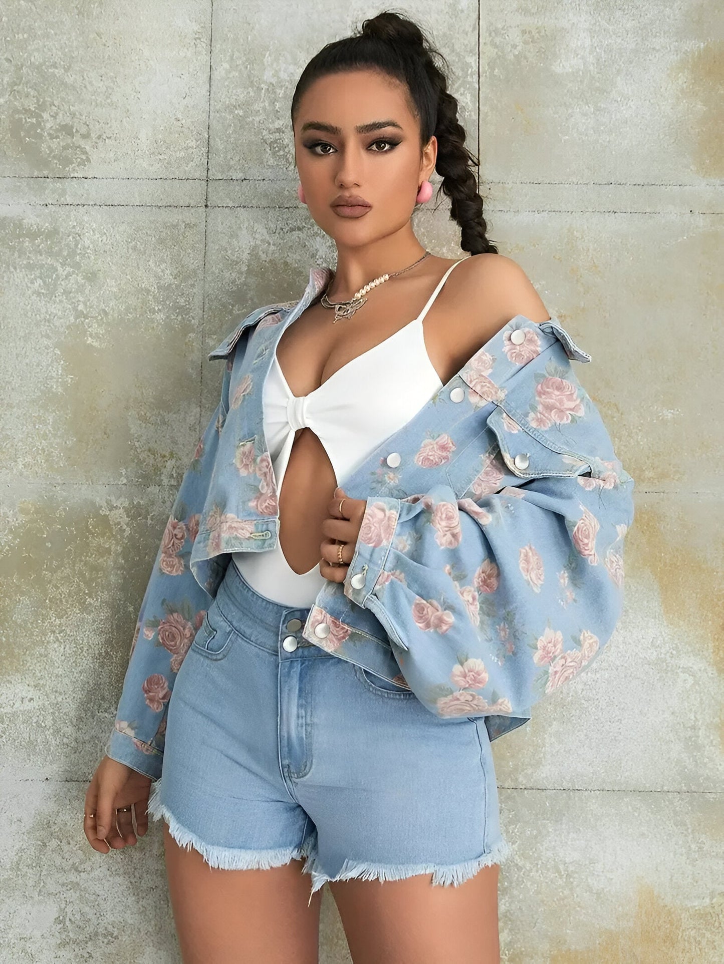 Dam Jeansjacka Vintage Blommönster i Denim-4