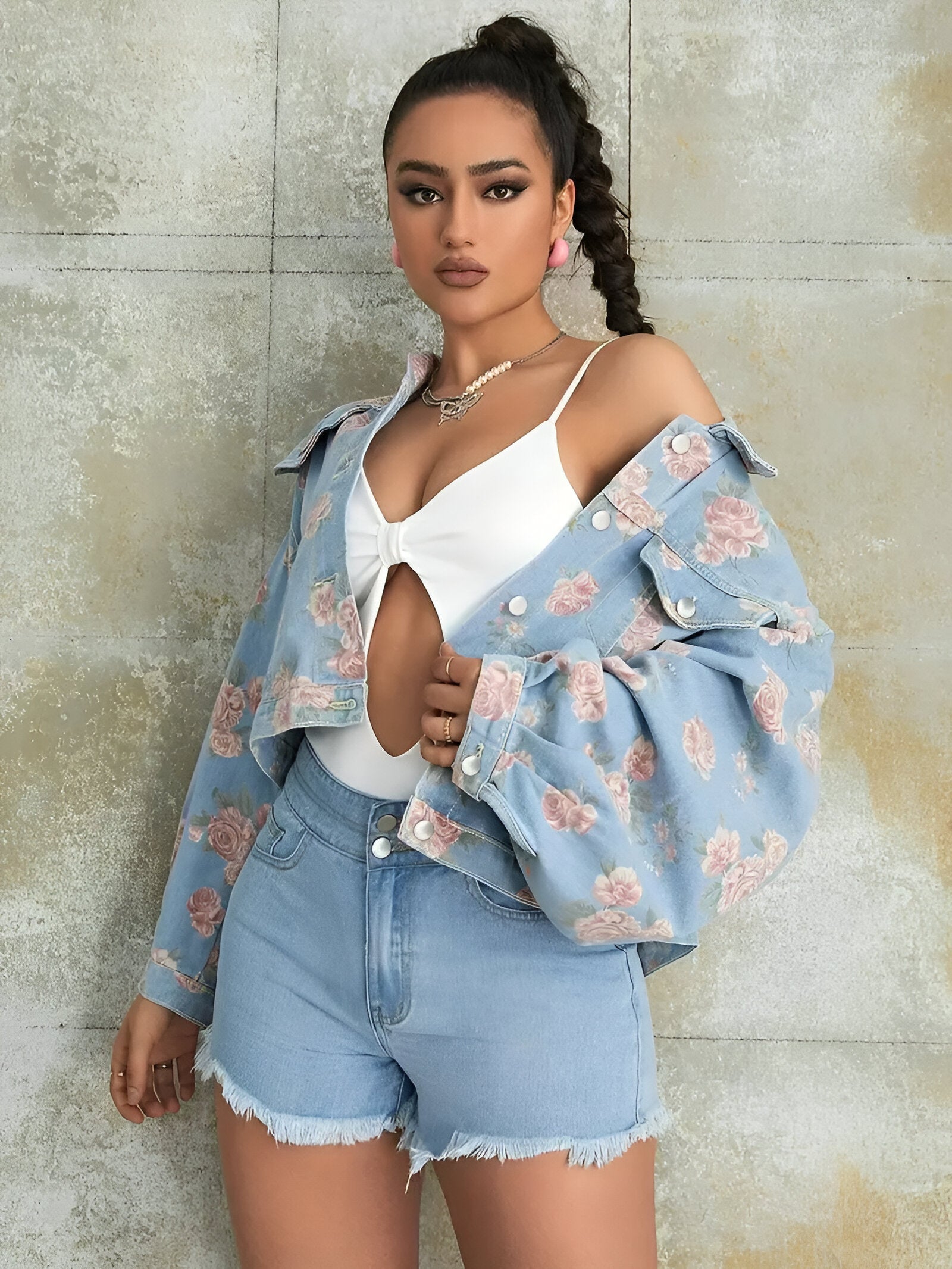 Dam Jeansjacka Vintage Blommönster i Denim-4