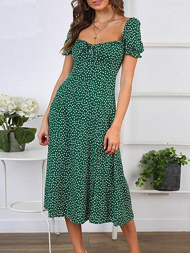 Variant image for Damklänning Kortärmad Blommönster Polyester Fyrkantig Halsringning-1