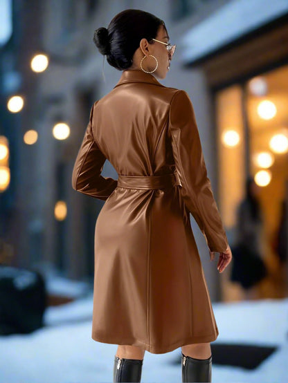 Dam Trenchcoat Lång Slim-Fit PU-Läder med Reverskrage och Fickor-2