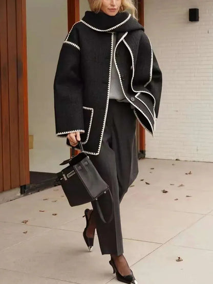 Dam Kappa Överdimensionerad Vinterrock med Kuvertkrage i Ullblandning-6