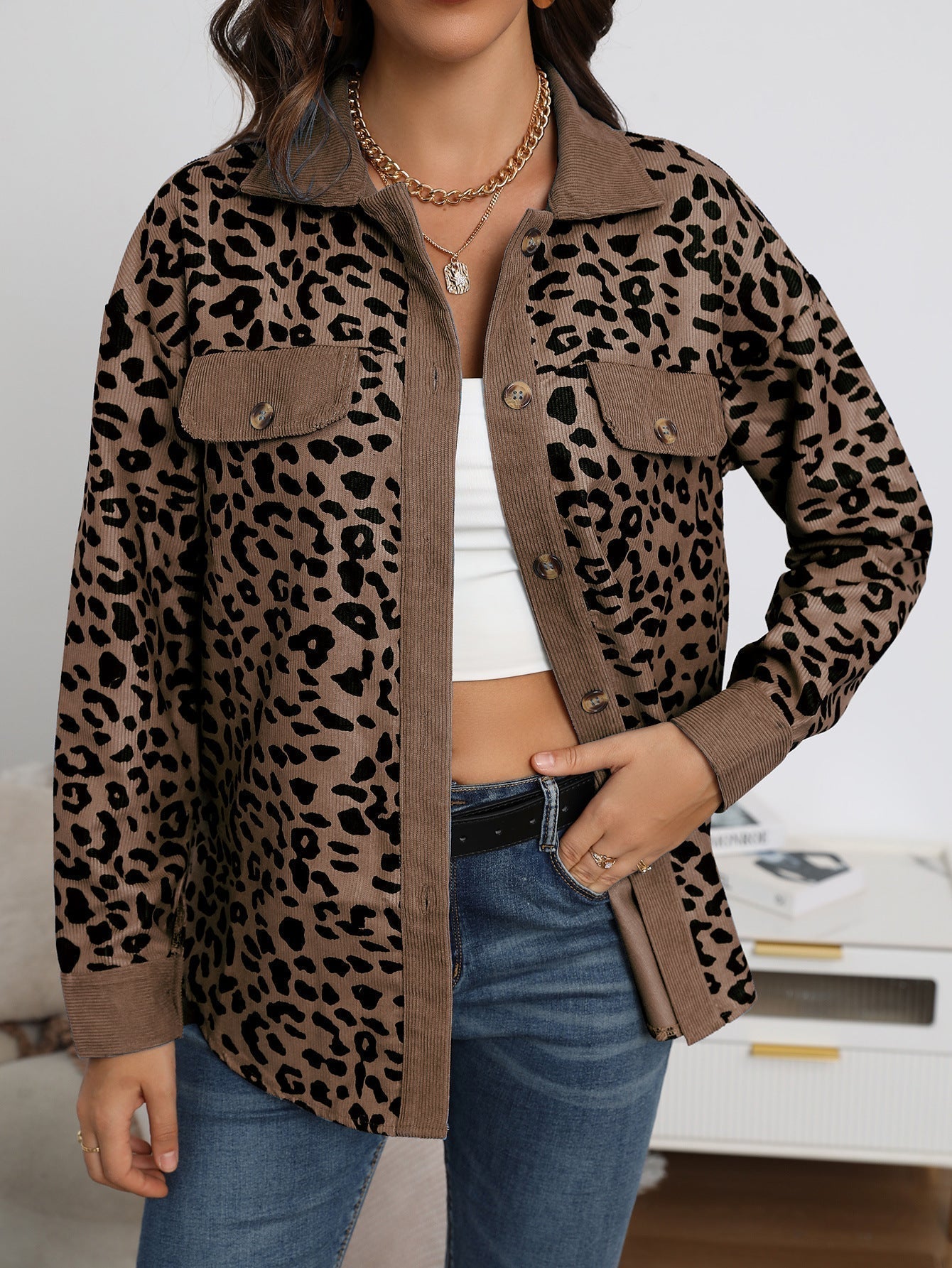 Variant image for Damjacka Skjortastil Leopardmönstrad Polyester-19