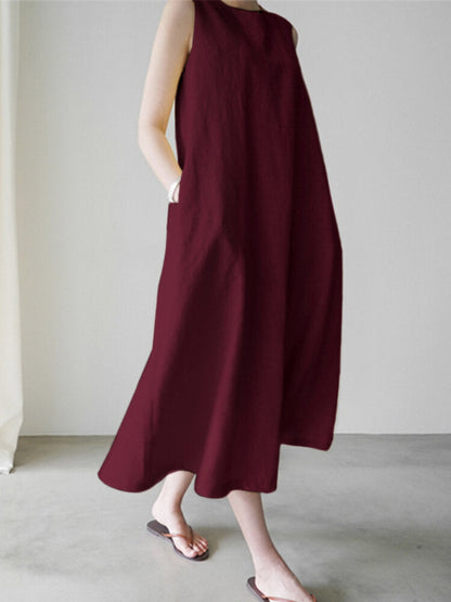 Kvinnors Midi Klänning O-hals Avslappnad Bomull med Fickor-4