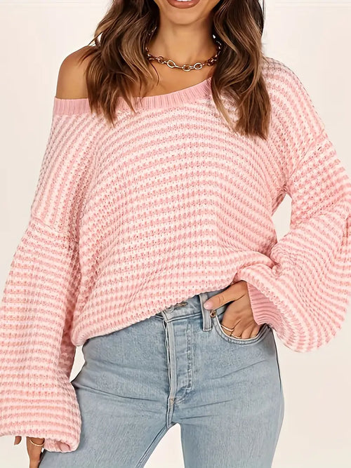 Vit Blus Dam Stickad med Rund Hals och Puffärmar i 100% Akryl-1