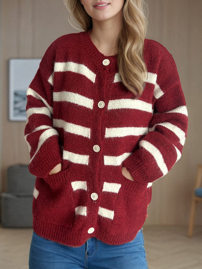 Kvinnor Randig Knäppkardigan Mjuk Tygblandning-6