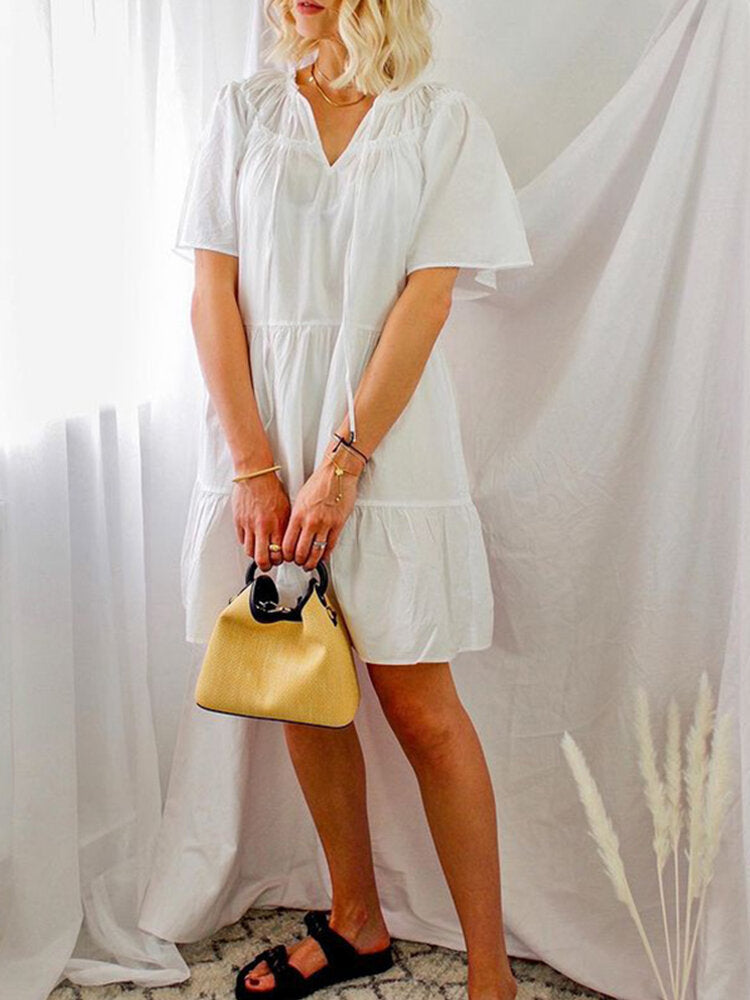 Variant image for Damklänning Midi V-ringning Kort Ärmar Bomullsblandning-9