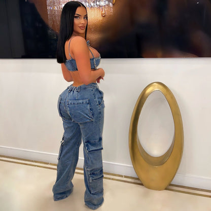 Dam Jeans Raka Snitt Bomull Komfortabel Passform-4