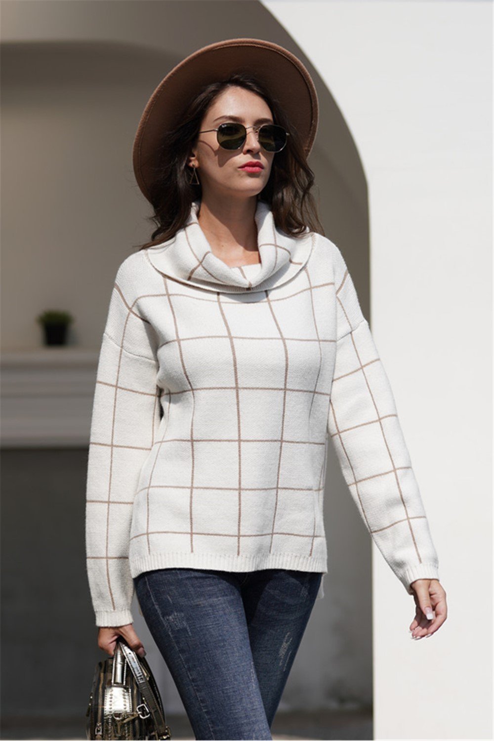 Dam Turtleneck Tröja Loose Nylon Rutig-4