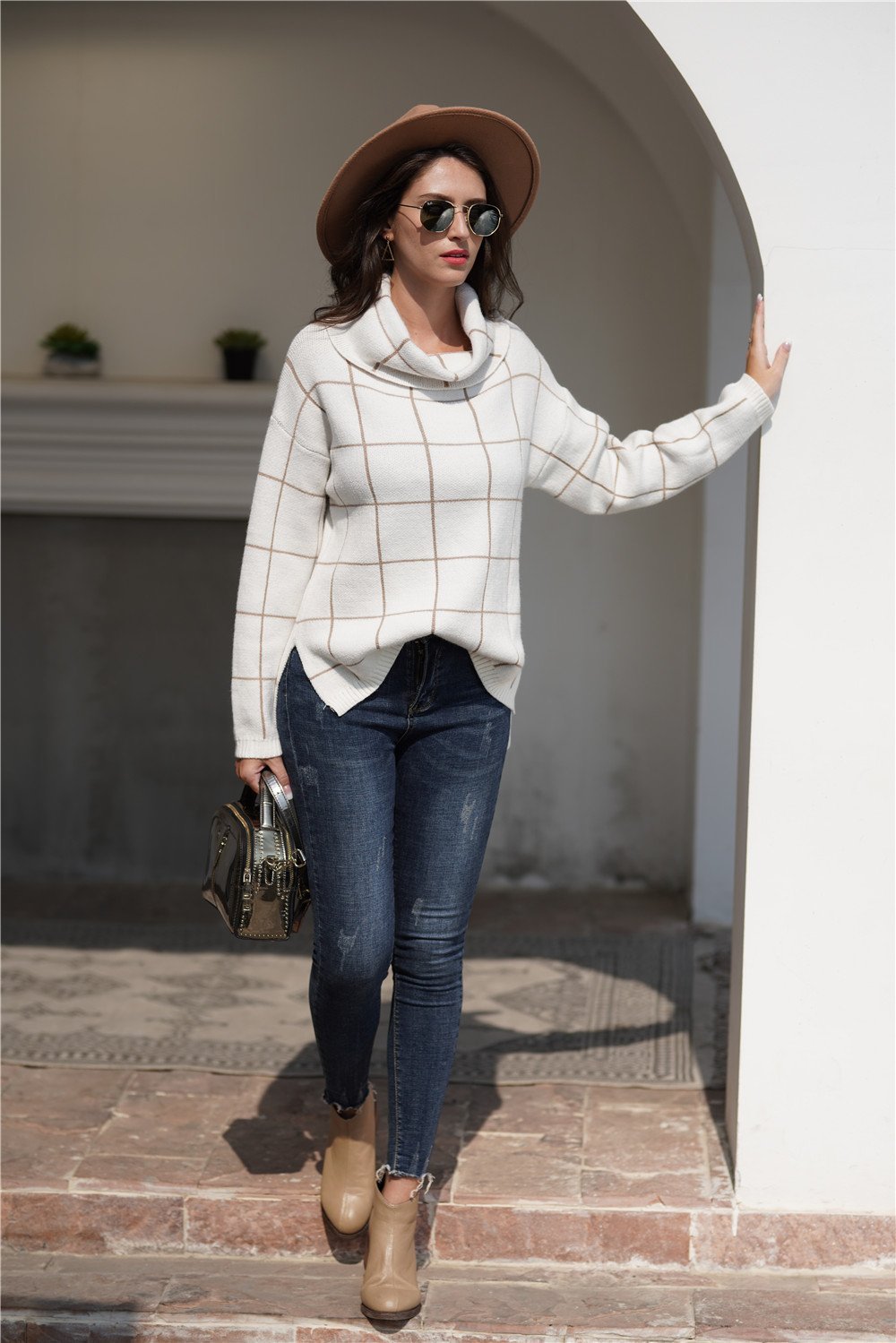 Dam Turtleneck Tröja Loose Nylon Rutig-6