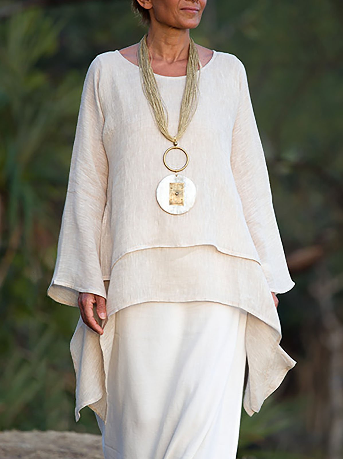 Kvinnors A-linjeformad Topp i Bomullsmix med Långa Ärmar-2