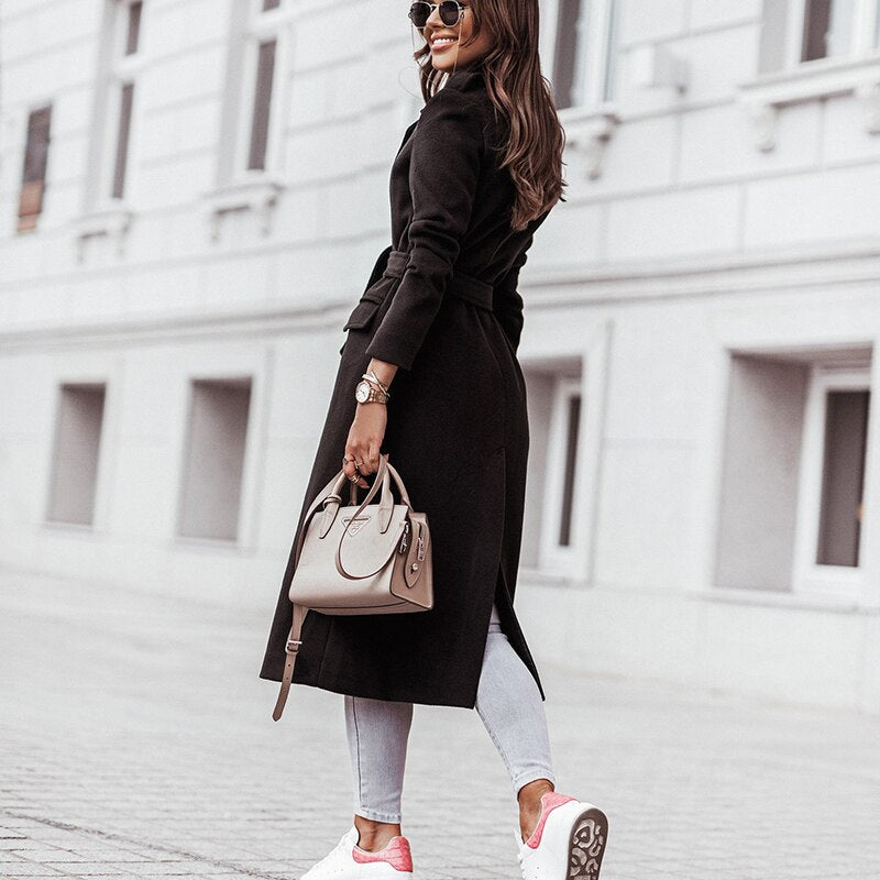 Lång Kappa Dam V-hals Rak Passform Polyester-5