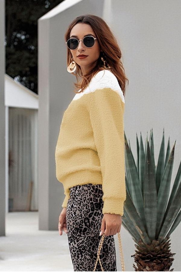 Dam Tröja Färgblockad Plysch med Långa Ärmar-3