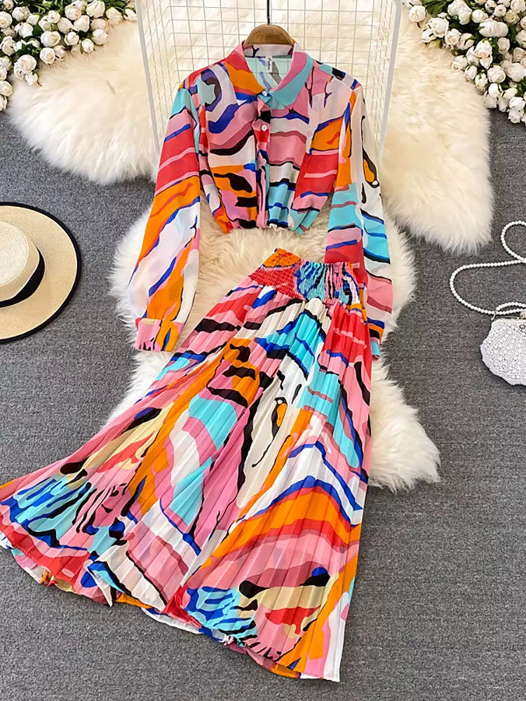 Dam Hög Midja Kjol Färgglad Chiffon-2