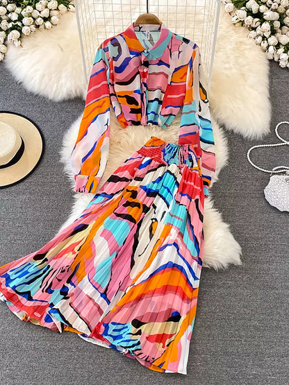 Dam Hög Midja Kjol Färgglad Chiffon-2