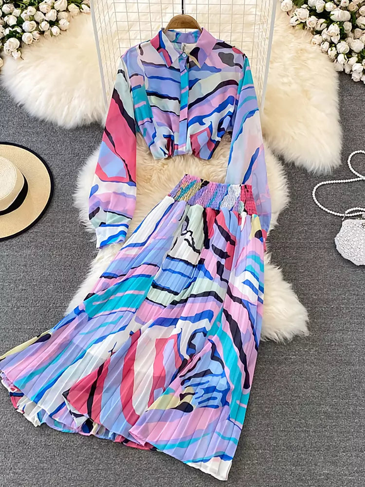 Dam Hög Midja Kjol Färgglad Chiffon-3