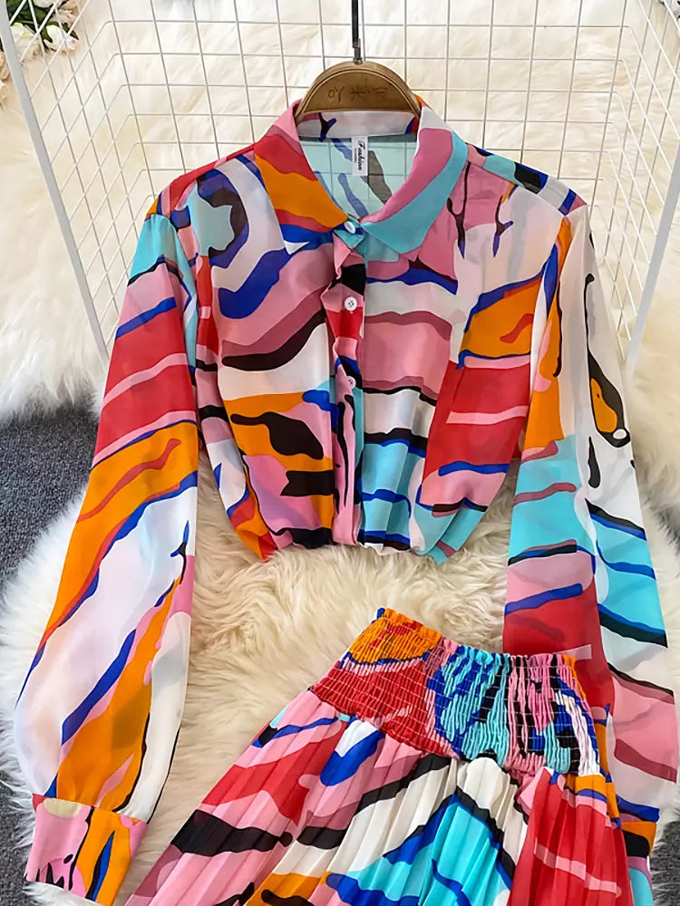 Dam Hög Midja Kjol Färgglad Chiffon-4