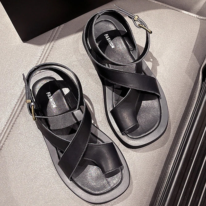 Kvinnors Klipptå Sandaler Plattform Äkta Kalvskinn-3