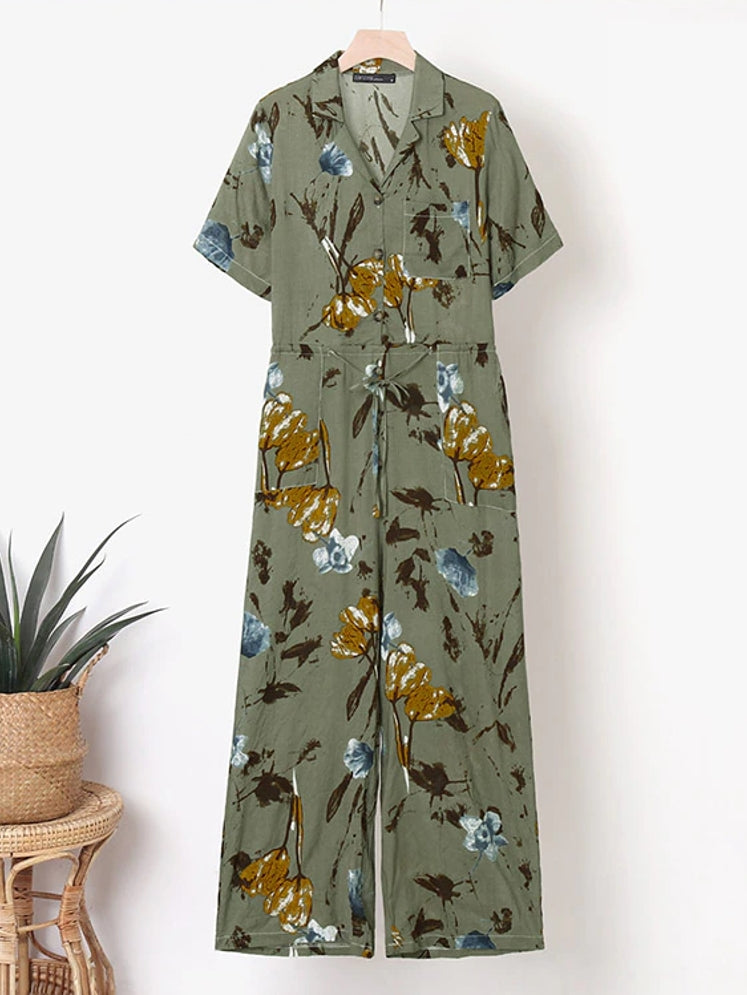 Dam Dungarees Blommönster Avslappnad Spandex-4