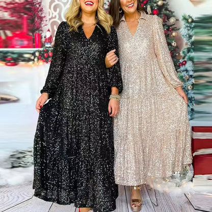 Kvinnors A-Linjeklänning Djup V-Urringning Pailletter Polyester-4