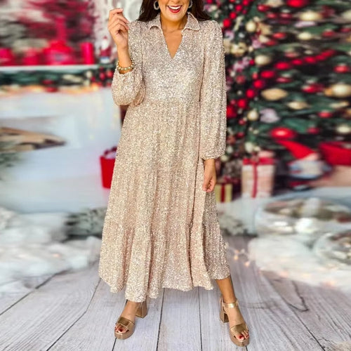 Kvinnors A-Linjeklänning Djup V-Urringning Pailletter Polyester-1