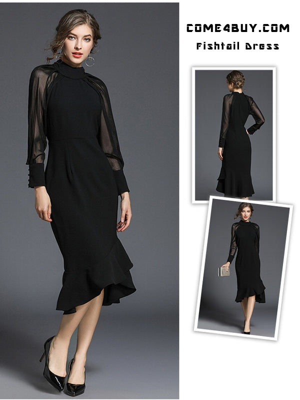 Kvinnors Fishtail Klänning Turtleneck Chiffon 4