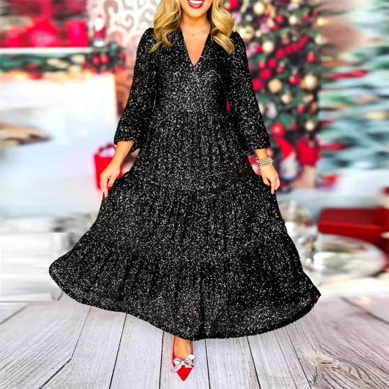 Kvinnors A-Linjeklänning Djup V-Urringning Pailletter Polyester-6