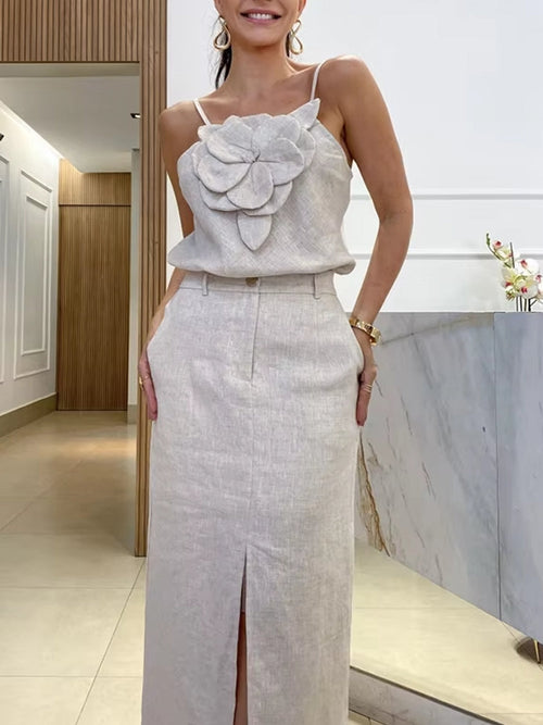 Kvinnors Tvådelat Klänning Set Blommotiv Bomull Hamp-1