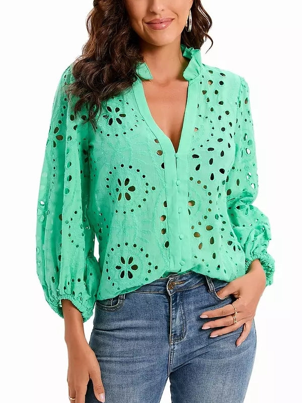 Dam Blus med Utskärningar i 100% Bomull för Sommarens Olika Tillfällen-2