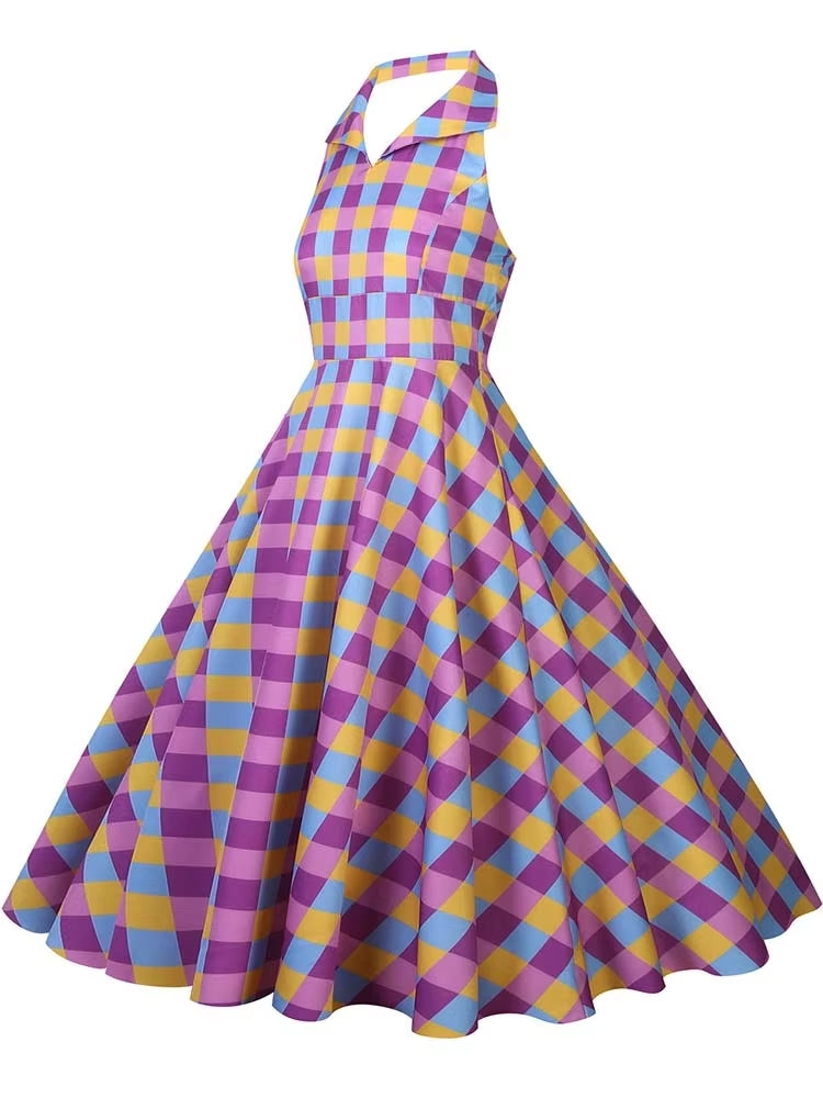 Kvinnors Midi Klänning Halterneck Rutig Polyester-4