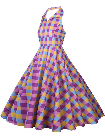 Kvinnors Midi Klänning Halterneck Rutig Polyester-4