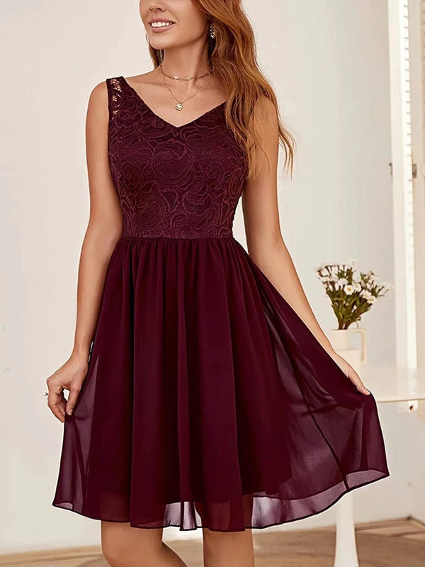 Kvinnors Midi Klänning V-ringning Spetsdetaljer Polyester-3