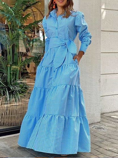 Dam Maxi Klänning Långärmad Med Fickor Av Bomull och Polyester-2