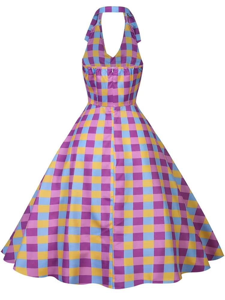 Kvinnors Midi Klänning Halterneck Rutig Polyester-5