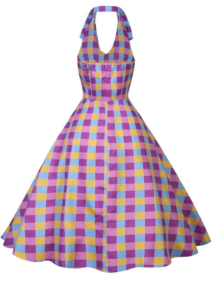 Kvinnors Midi Klänning Halterneck Rutig Polyester-5