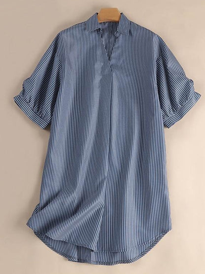 Skjortklänning Dam V-ringning Randig Polyester Knälång 2