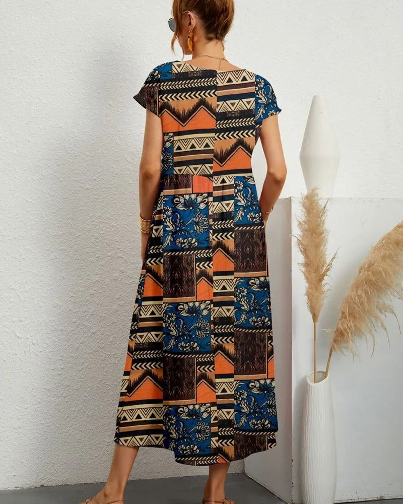 Dam Midiklänning Blommönster Ståkrage Polyester-Bomull-3