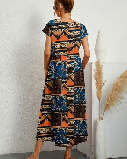 Dam Midiklänning Blommönster Ståkrage Polyester-Bomull-3