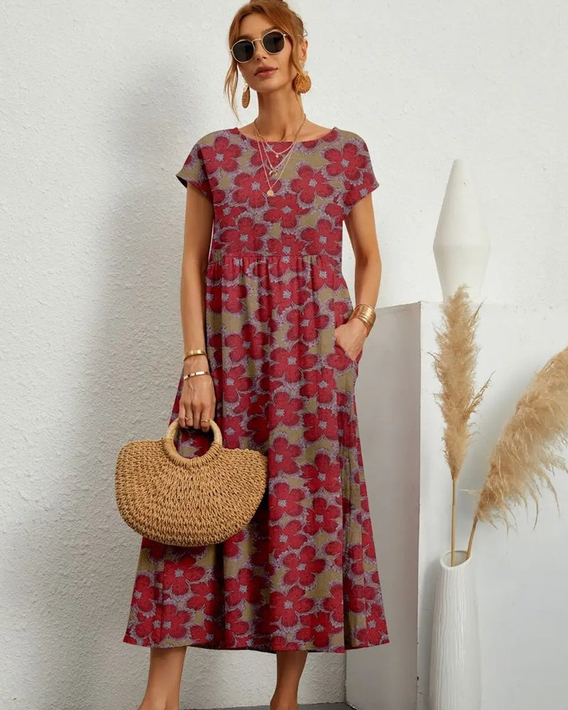 Dam Midiklänning Blommönster Ståkrage Polyester-Bomull-5