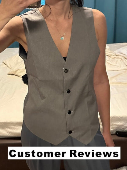 Dam Blazer V-ringad Polyester Utan Ärmar Kort Skärning-3