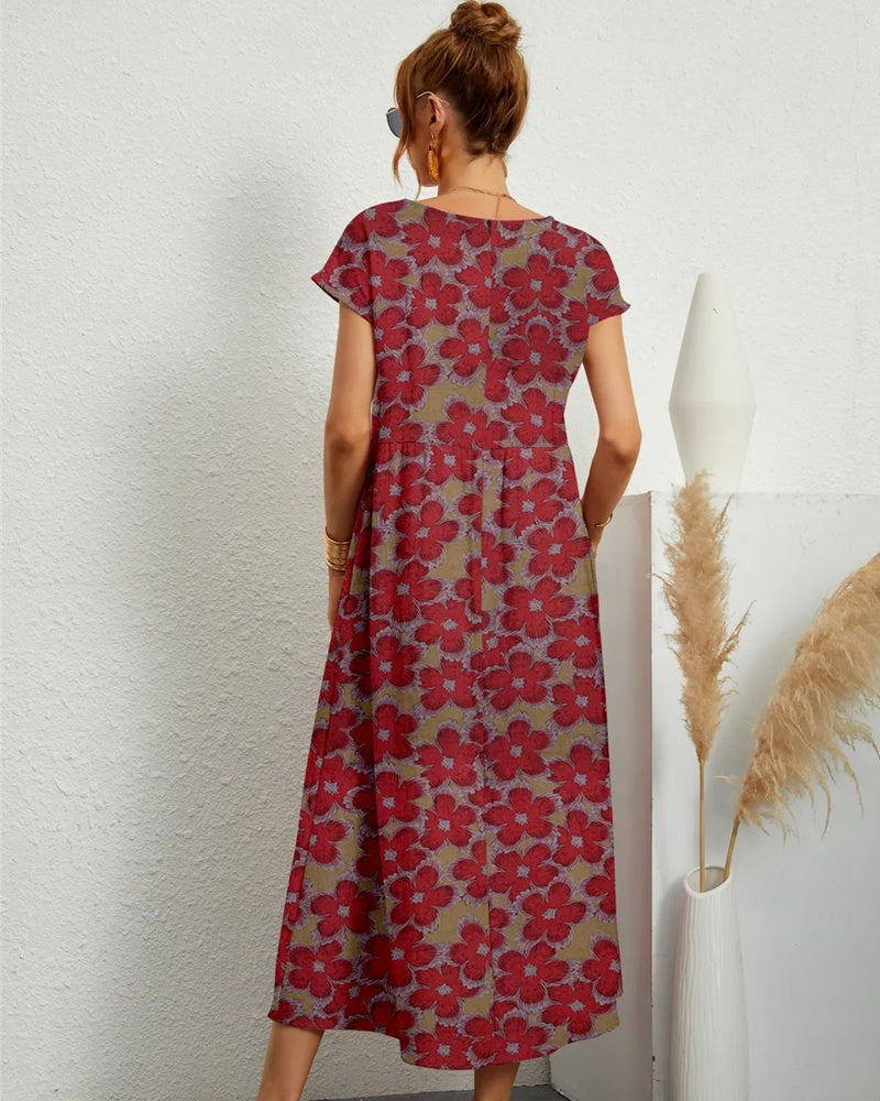 Dam Midiklänning Blommönster Ståkrage Polyester-Bomull-4